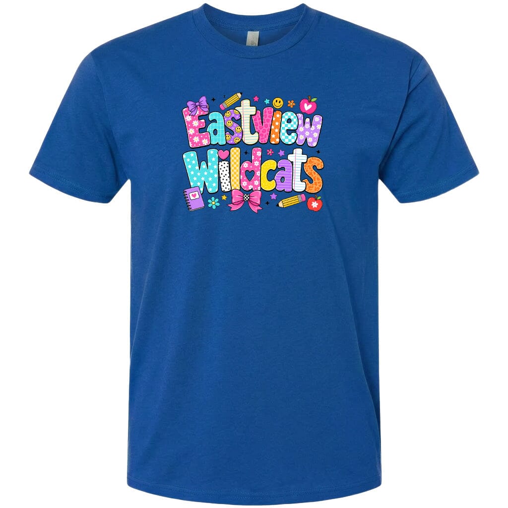 A blue t-shirt with the text "Eastview Wildcats" printed on it.