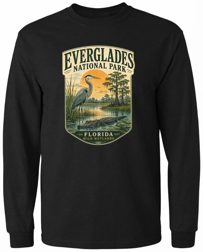A black long-sleeved shirt with a graphic design depicting a bird, a pond, and trees, along with the text "EVERGLADES NATIONAL PARK FLORIDA".