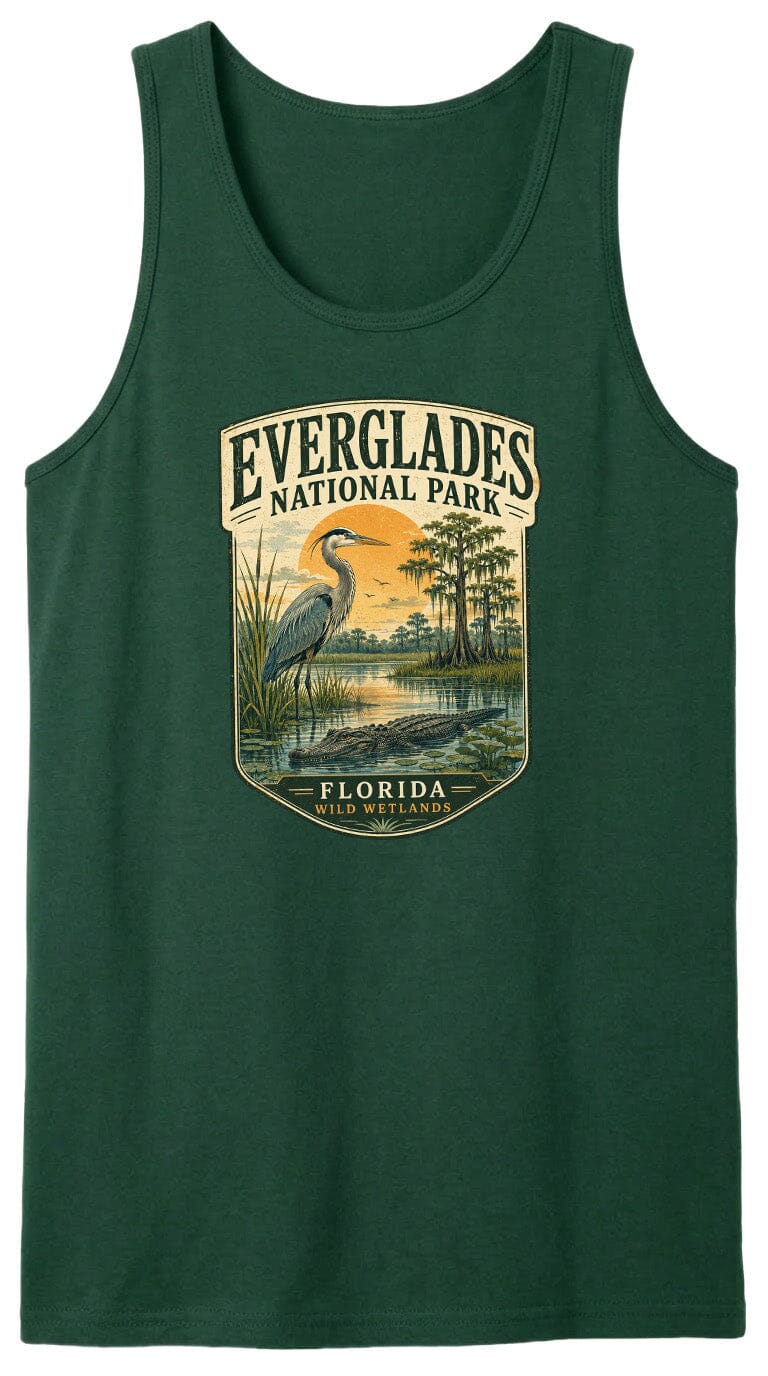 A green tank top with a graphic design depicting a bird standing in a marshy area with a sunset in the background.