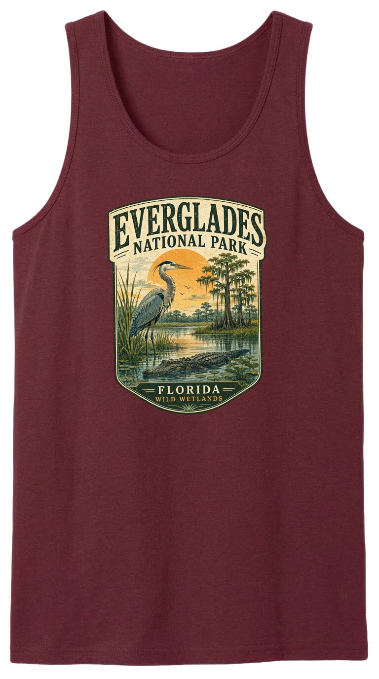 A red tank top with a graphic design depicting Everglades National Park, featuring a heron and a sunset landscape.