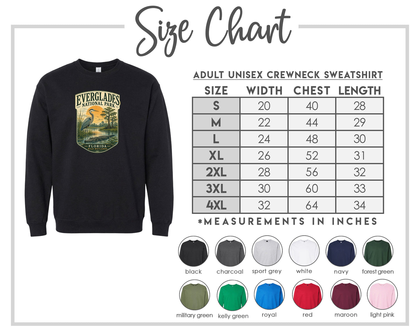 The image is a size chart for an adult unisex crewneck sweatshirt. It includes a black sweatshirt with a graphic design and a table with size measurements for different chest sizes.