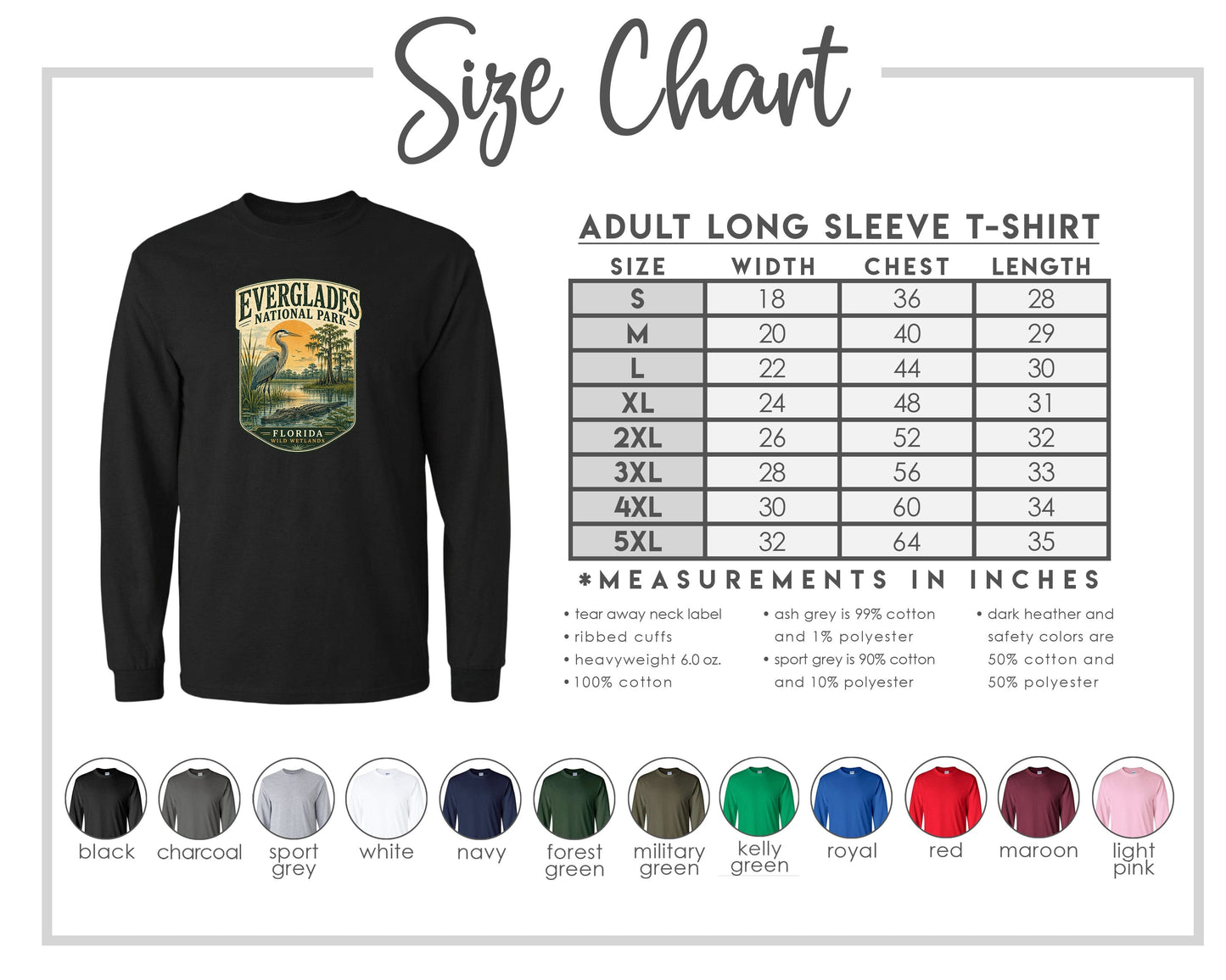 The image is a size chart for an adult long sleeve t-shirt, displaying the measurements and corresponding shirt colors.