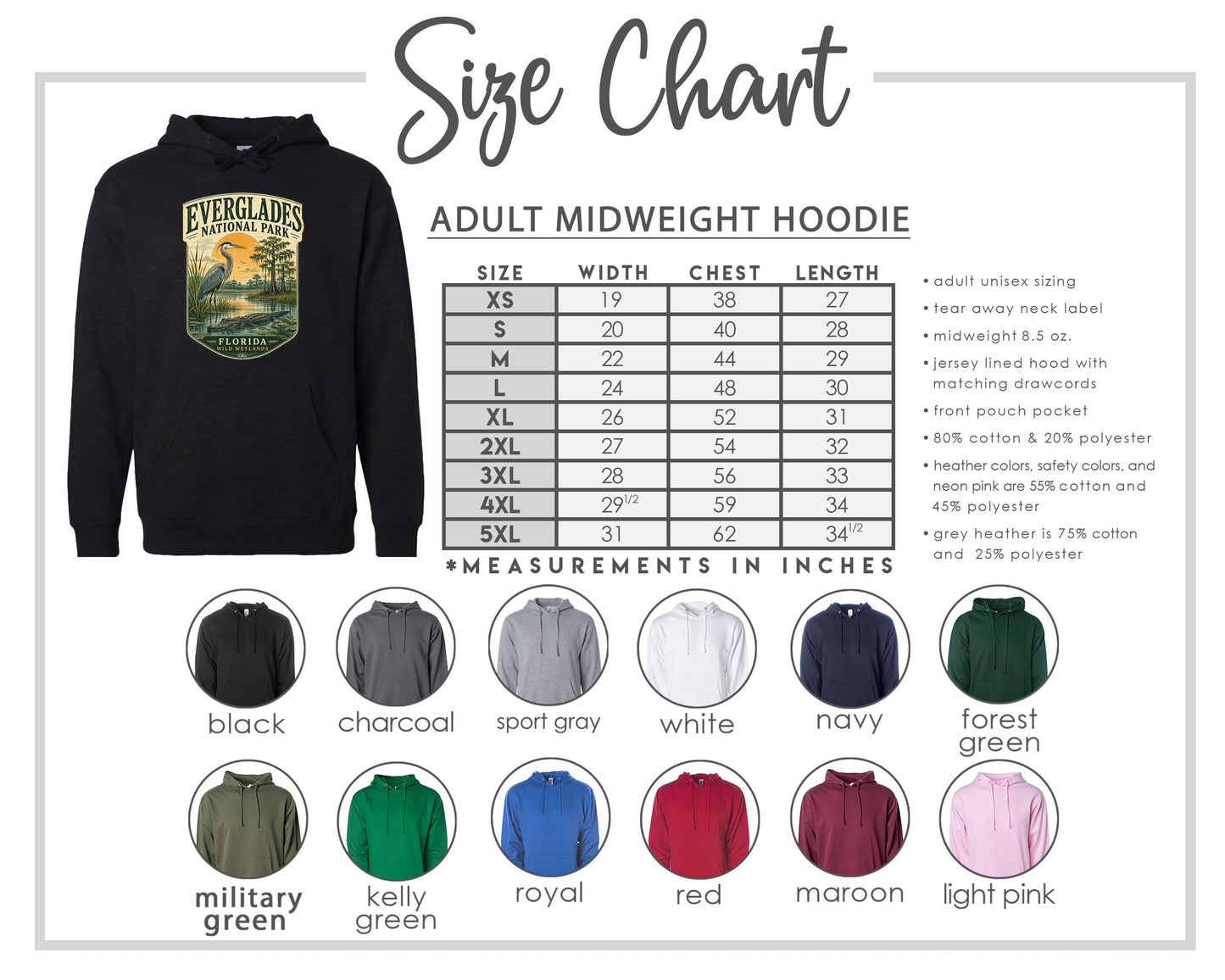The image is a size chart for an adult midweight hoodie, including various color options and corresponding measurements in inches.