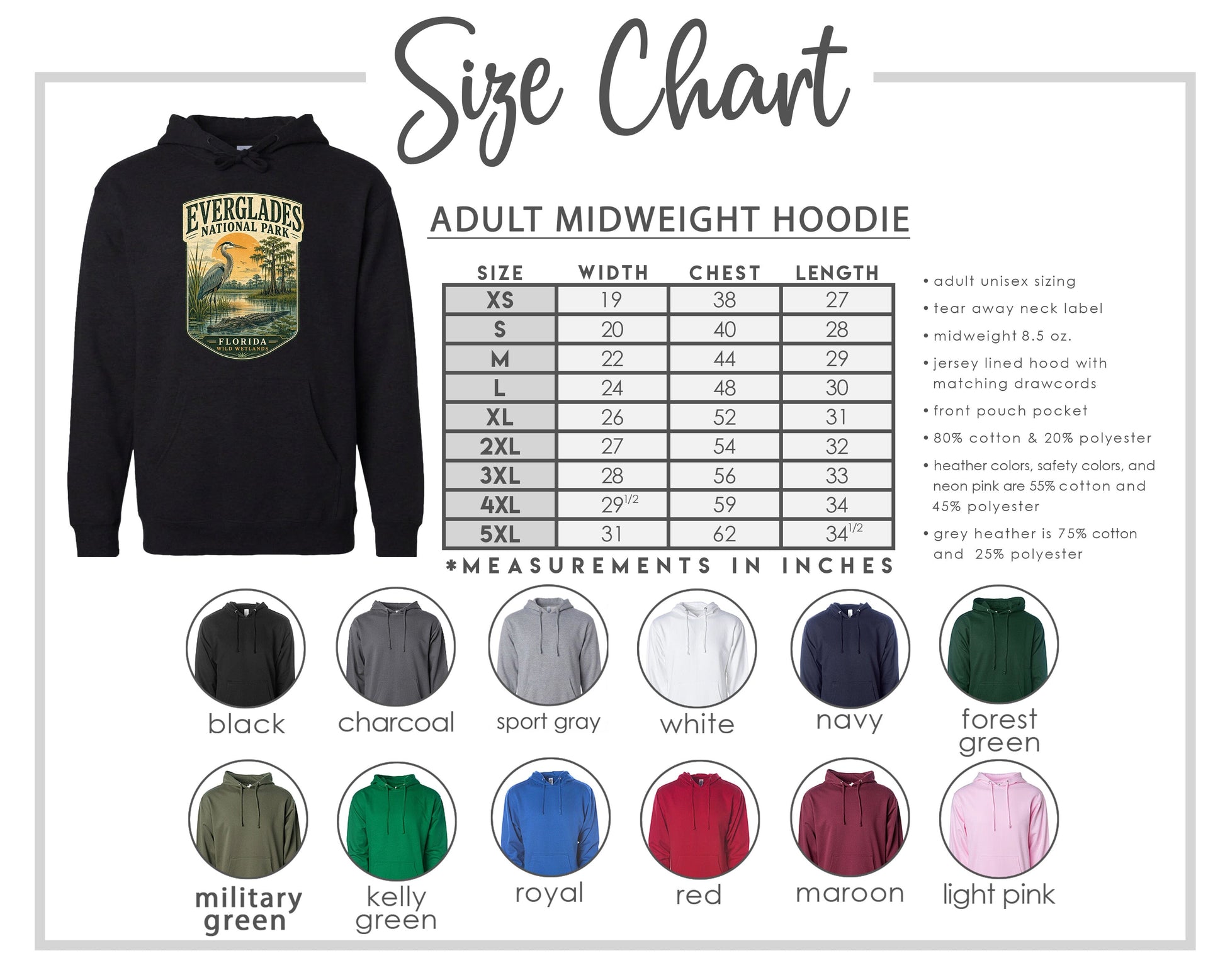 The image is a size chart for an adult midweight hoodie, including various color options and corresponding measurements in inches.