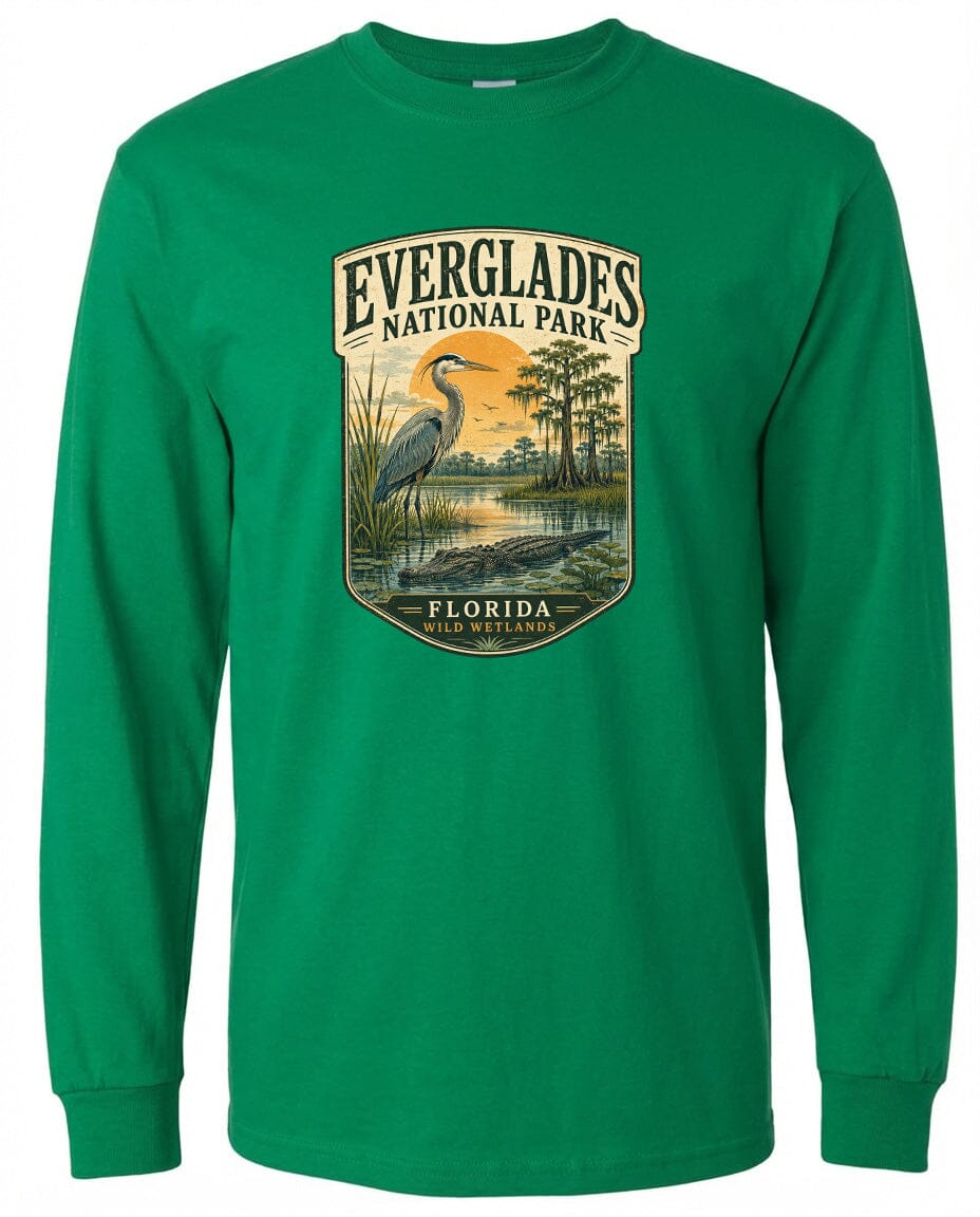 A green long-sleeved t-shirt with a graphic design depicting Everglades National Park, Florida.