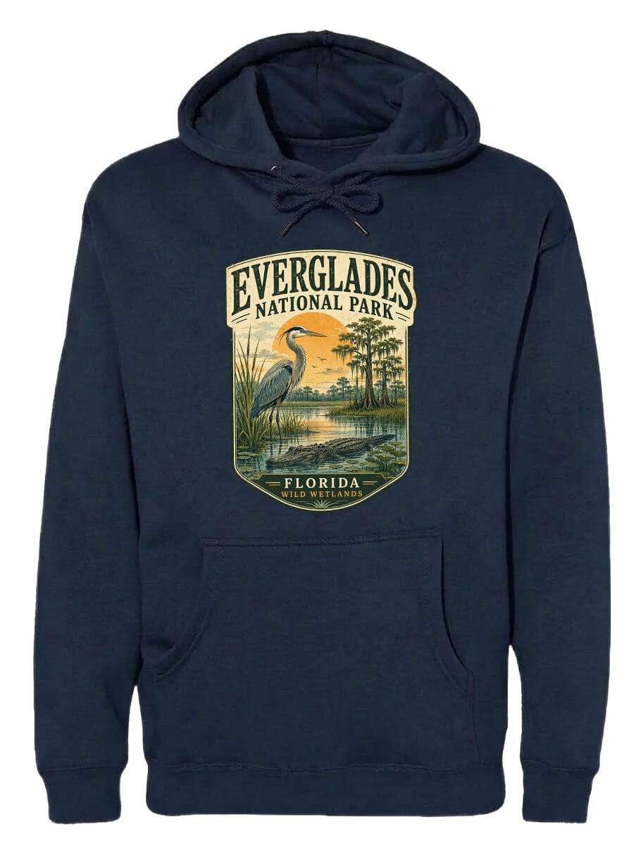 A navy blue hoodie with a graphic design depicting a heron and a sunset over Everglades National Park, Florida.