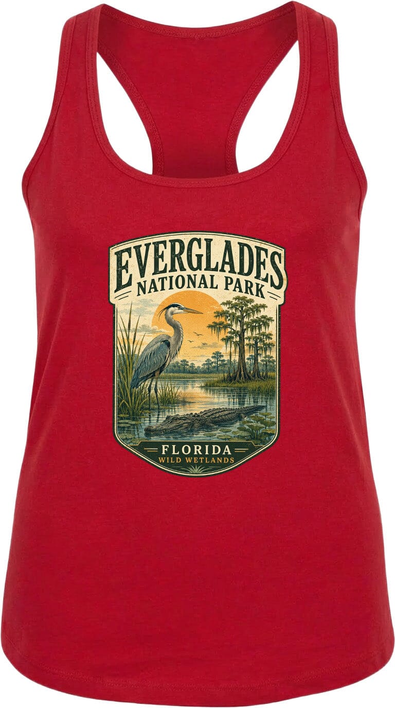 A red tank top with a graphic design depicting a bird standing in a pond surrounded by trees and a sunset.