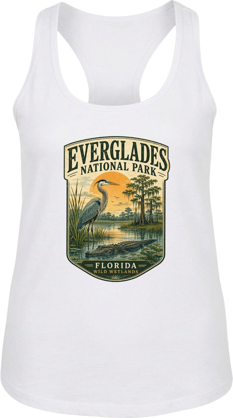 A white tank top with a graphic design depicting a bird, a sunset, and a body of water, representing the Everglades National Park in Florida.