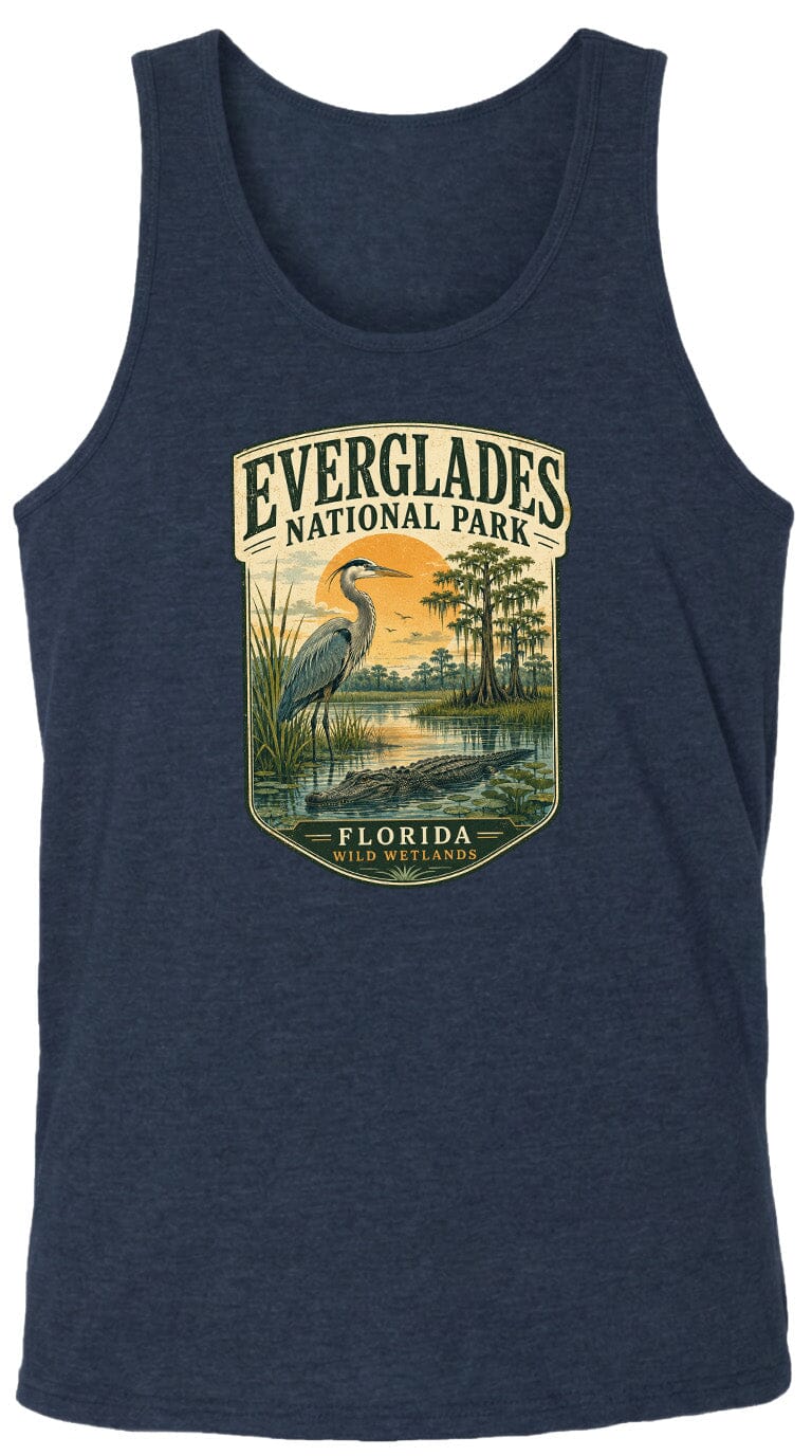 A graphic design on a dark blue tank top featuring a large bird, likely a crane, in a natural setting with a sunset in the background.