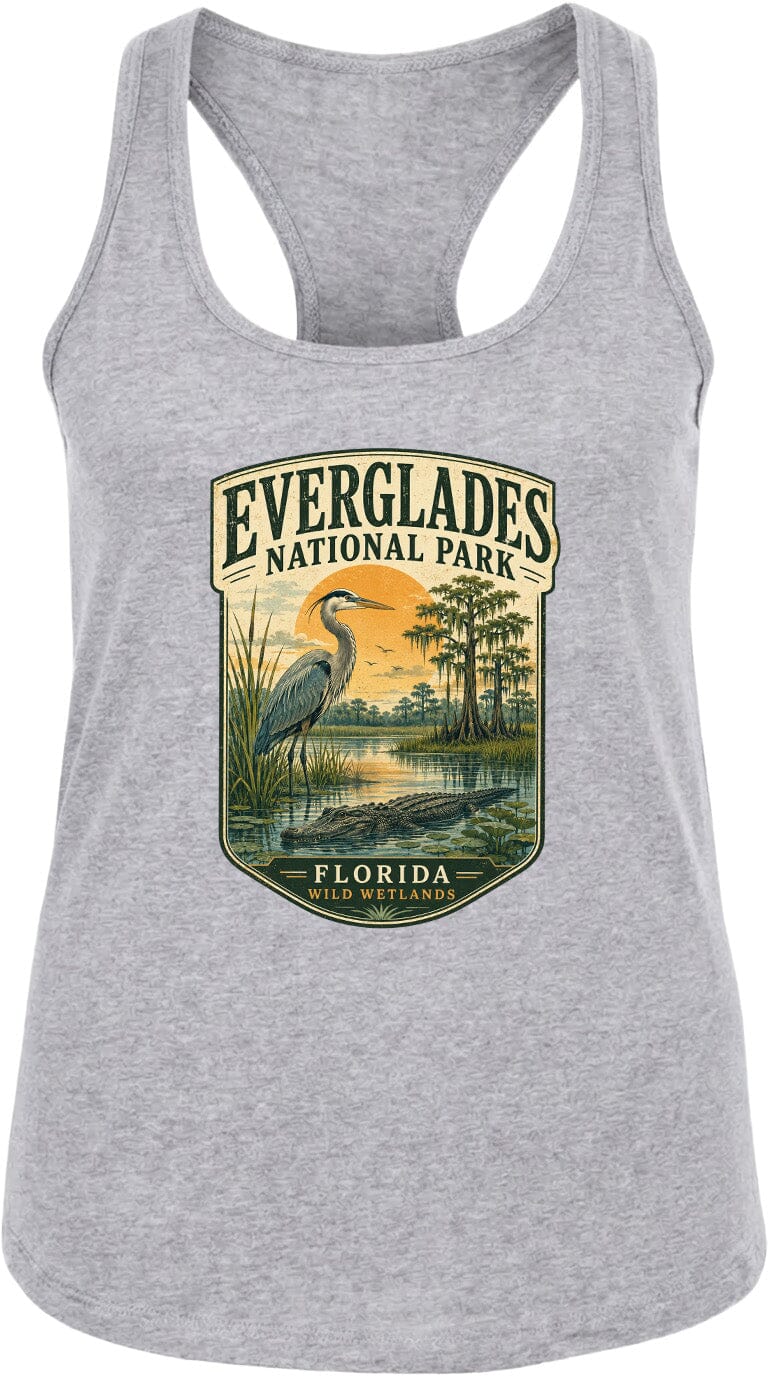 A gray tank top with a graphic design depicting a bird, a sunset, and a body of water, representing Everglades National Park in Florida.