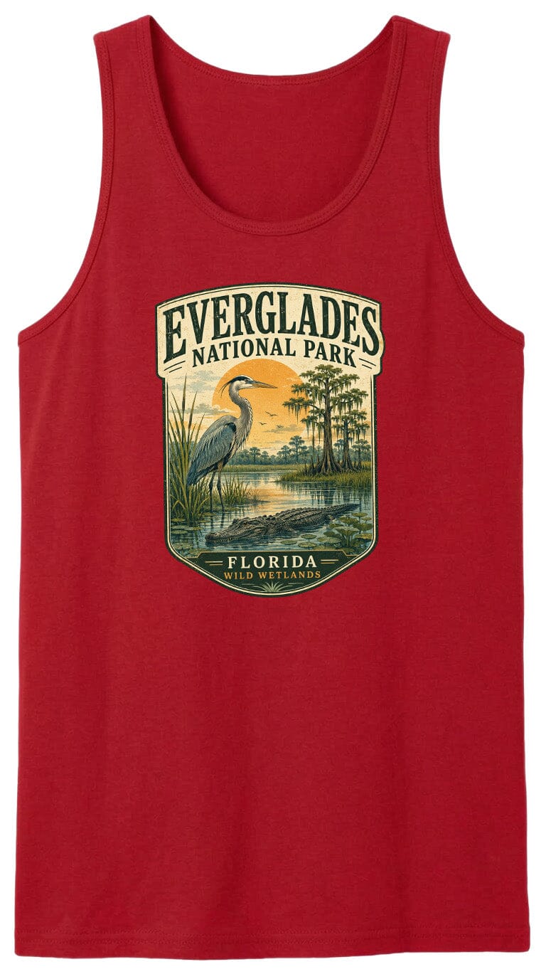 A red tank top with a graphic design depicting a bird, likely a heron, standing in a marshy area with trees and a sunset in the background.
