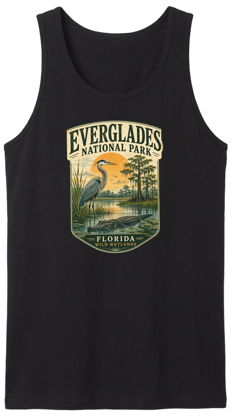 A black tank top with a graphic design depicting a bird standing in a marshy area with trees and a sunset in the background.