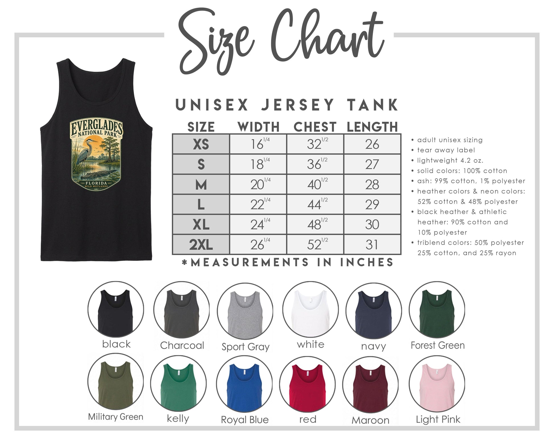 The image is a size chart for a unisex jersey tank, providing measurements for chest length and width in inches. It includes a black tank with a graphic design and a variety of colored tanks in different styles and colors.