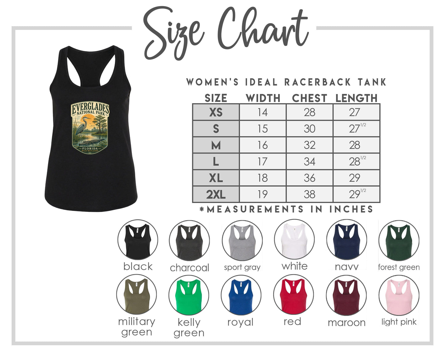 The image is a size chart for a women's ideal racerback tank, including various color options and corresponding chest length measurements.