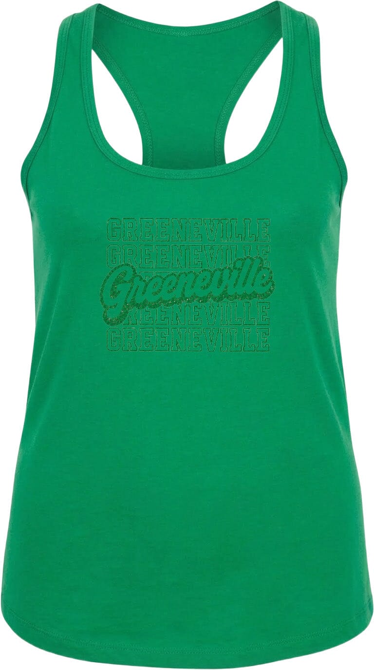 A bright green tank top with the text "Greenville" printed on it.