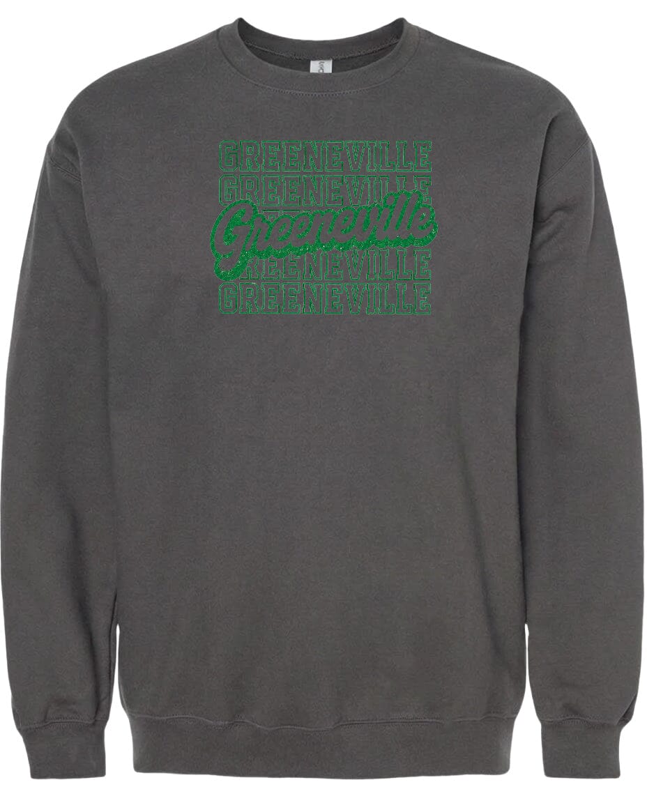 A gray sweatshirt with a green graphic design on the front. The design features the text "Greenville" repeated in a stylized font.