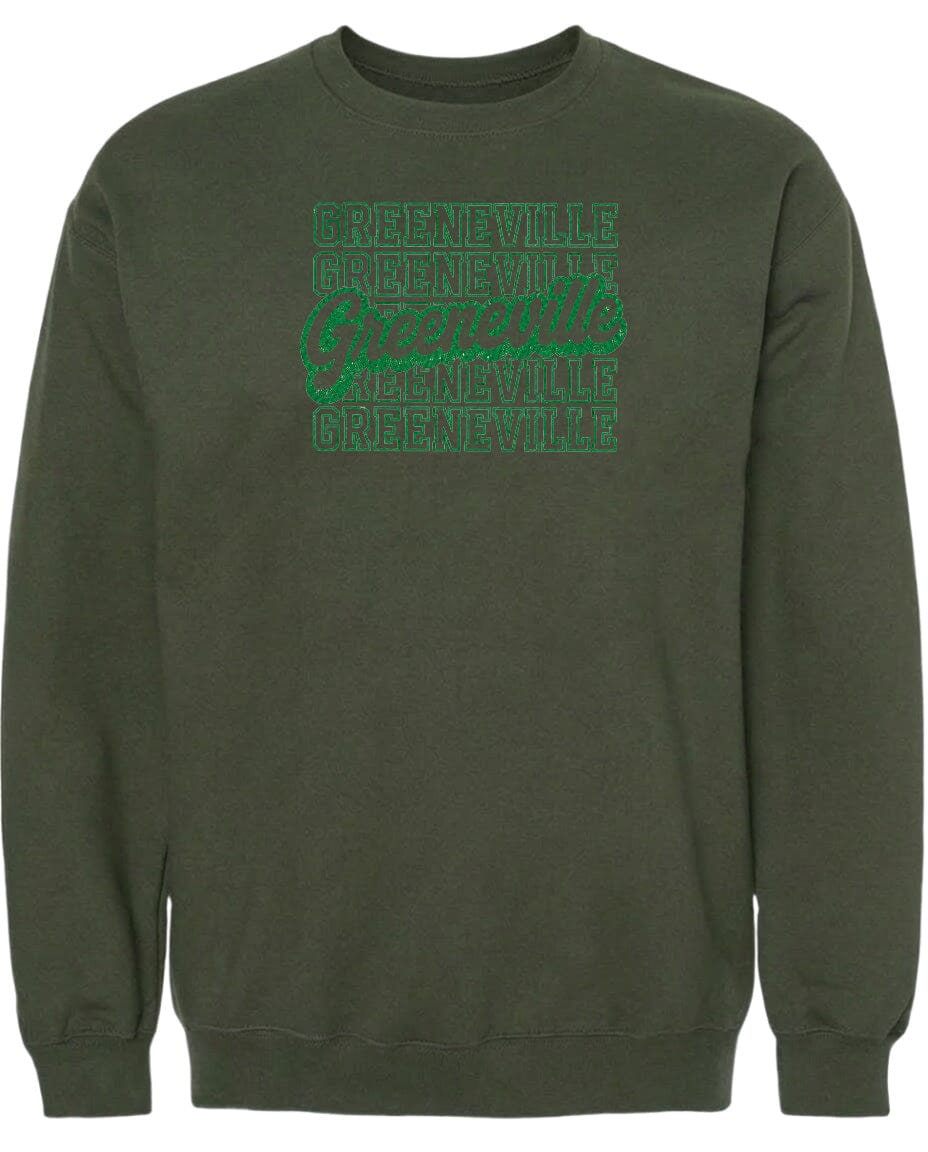 A dark green sweatshirt with a graphic design on the front.