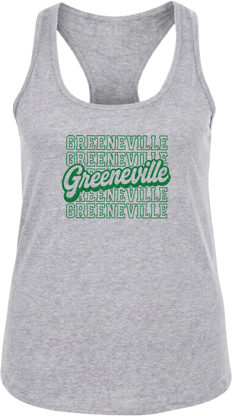 A gray tank top with the text "GREENVILLE" printed in green and white on it.