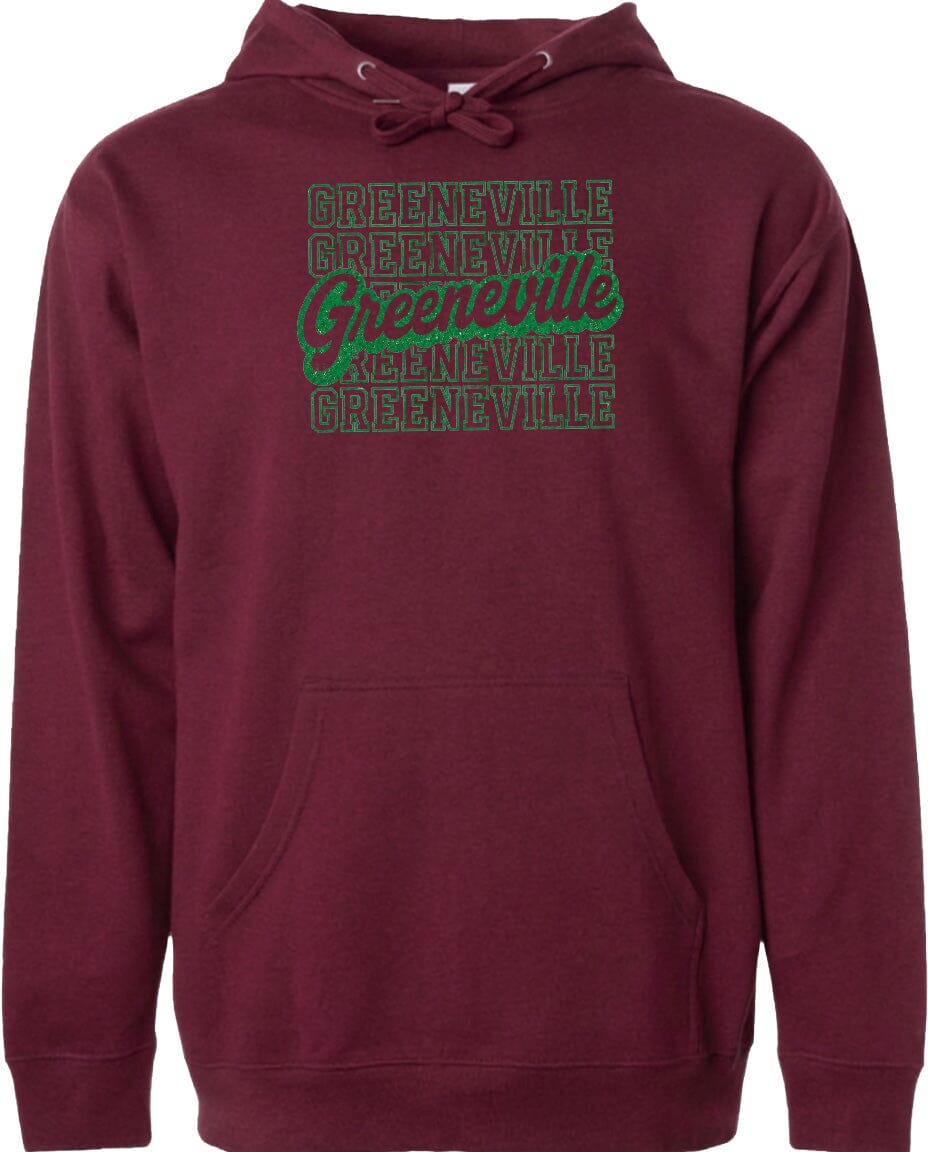 A burgundy-colored hoodie with the text "Greenville" printed in green on the front.