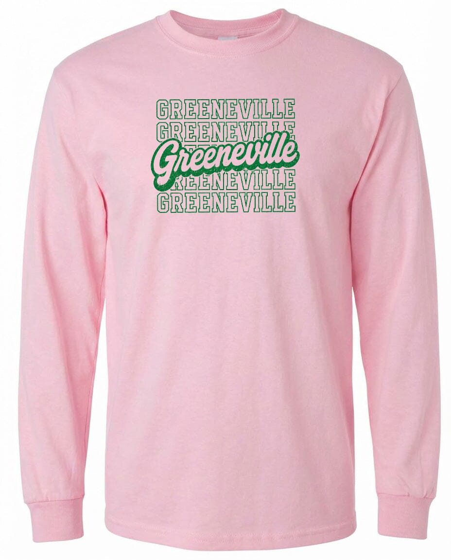 A pink long-sleeved shirt with the text "Greeneville Greeneville Greeneville" printed on it in green and white.