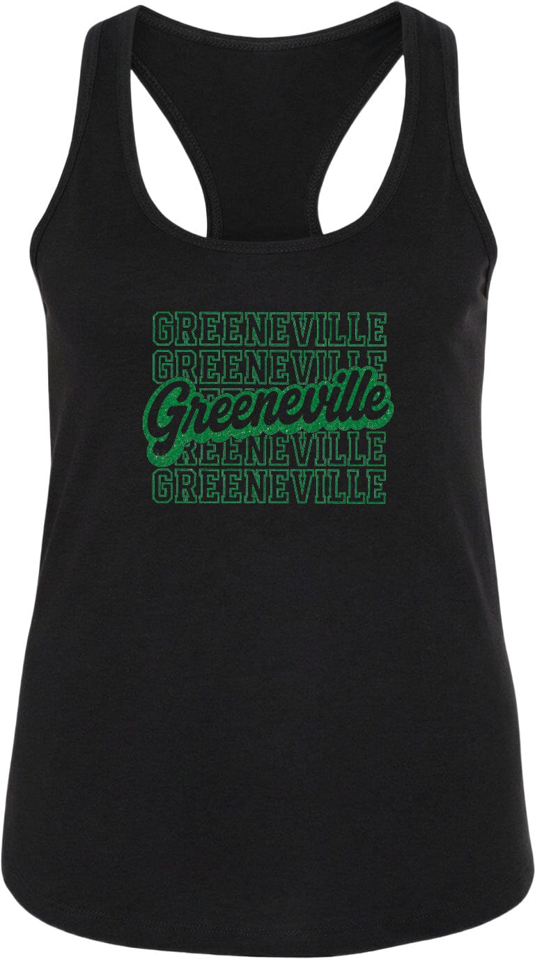 A black tank top with the text "GREENVILLE" printed in green on it.
