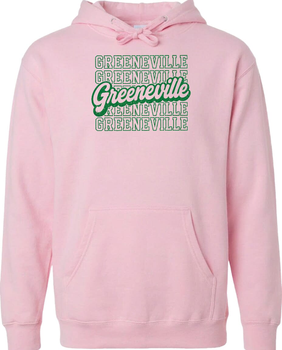 A pink hoodie with the text "Greeneville" printed in green and white on the front.