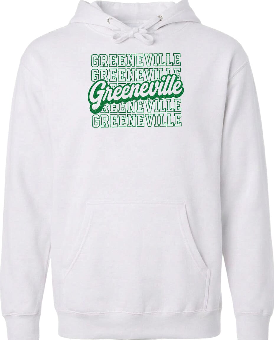 A white hoodie with a graphic design featuring the text "Greeneville" repeated in a stylized font.