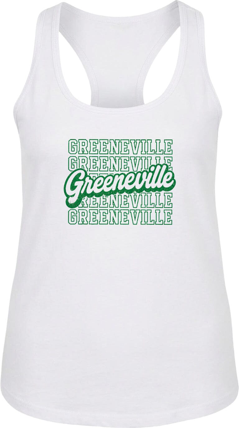 A white tank top with the text "GREENVILLE" printed in green and white on it.