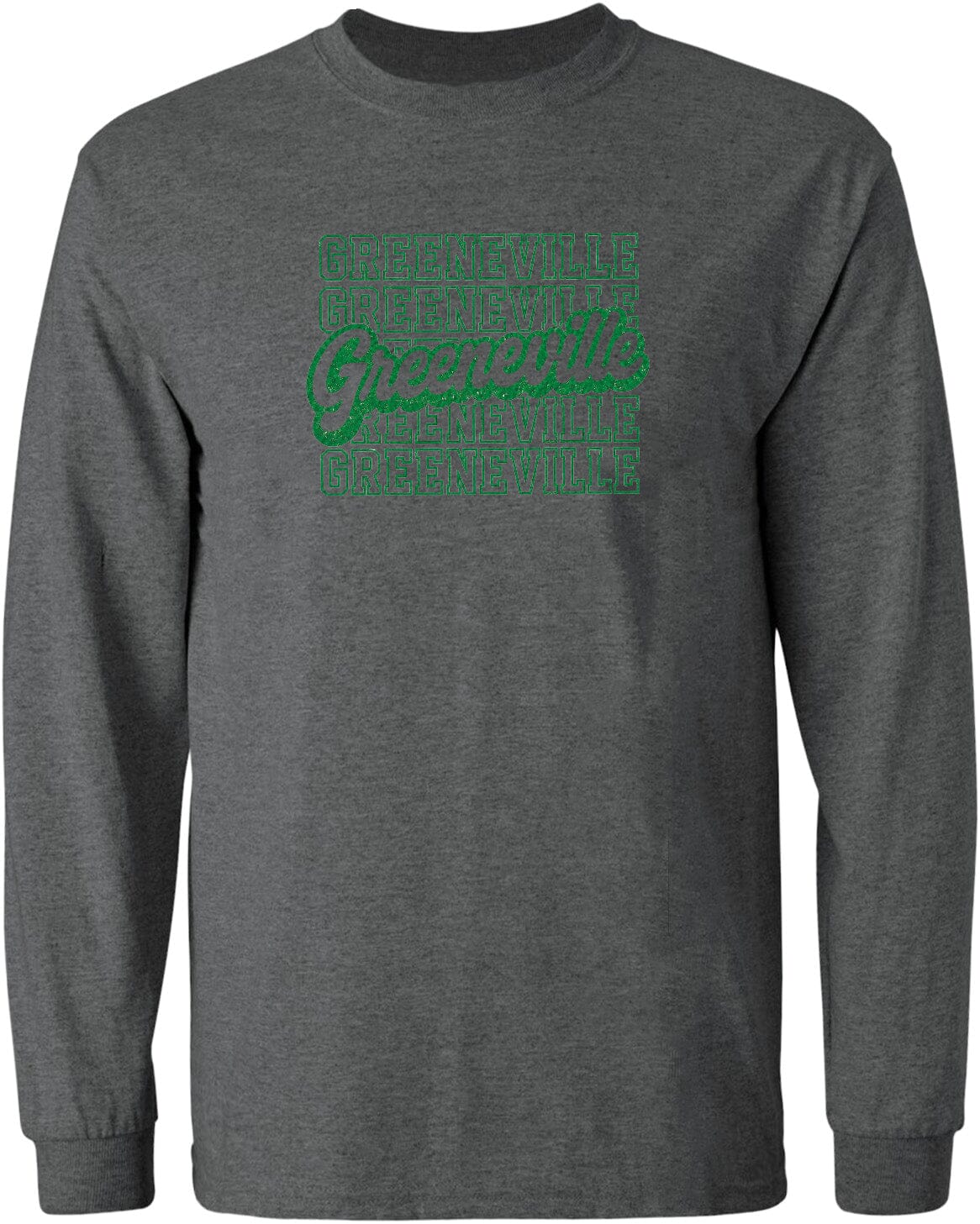 A gray long-sleeved t-shirt with a graphic design featuring the text "Greenville" repeated in a vertical pattern.
