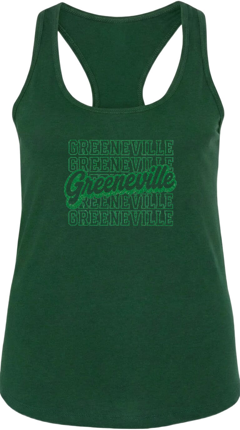 A dark green tank top with the text "GREENVILLE" printed on it in a stylized font.