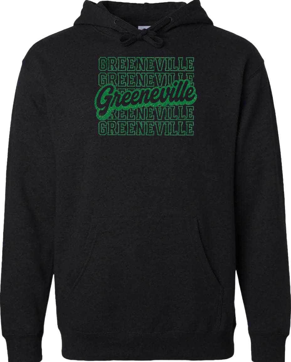 A black hoodie with the text "Greeneville" printed in green on the front.