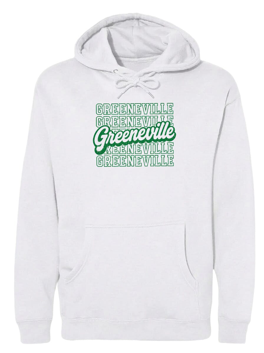 A white hoodie with the text "GREENVILLE" printed in green on the front.