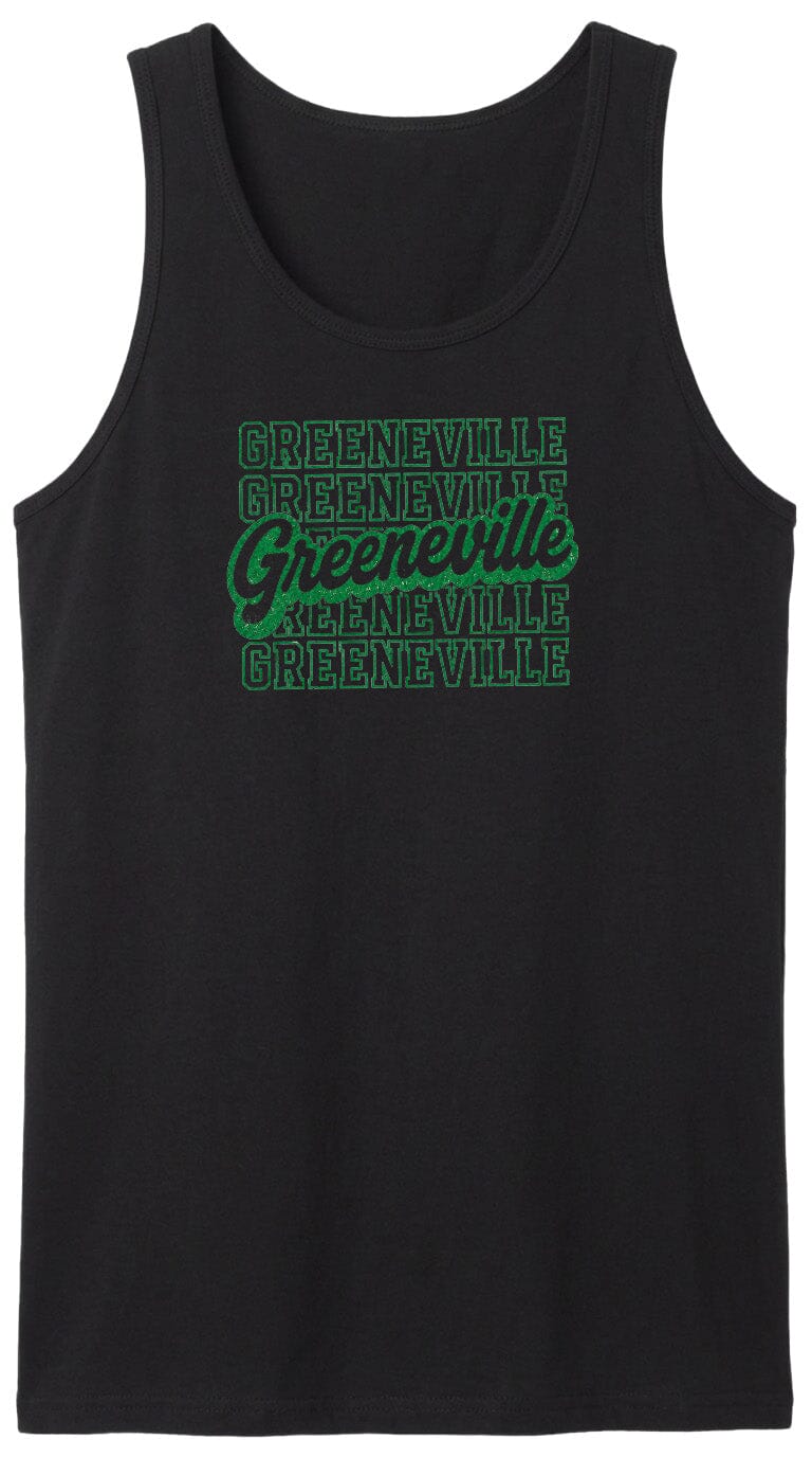 A black tank top with the text "Greeneville" printed in green on it.