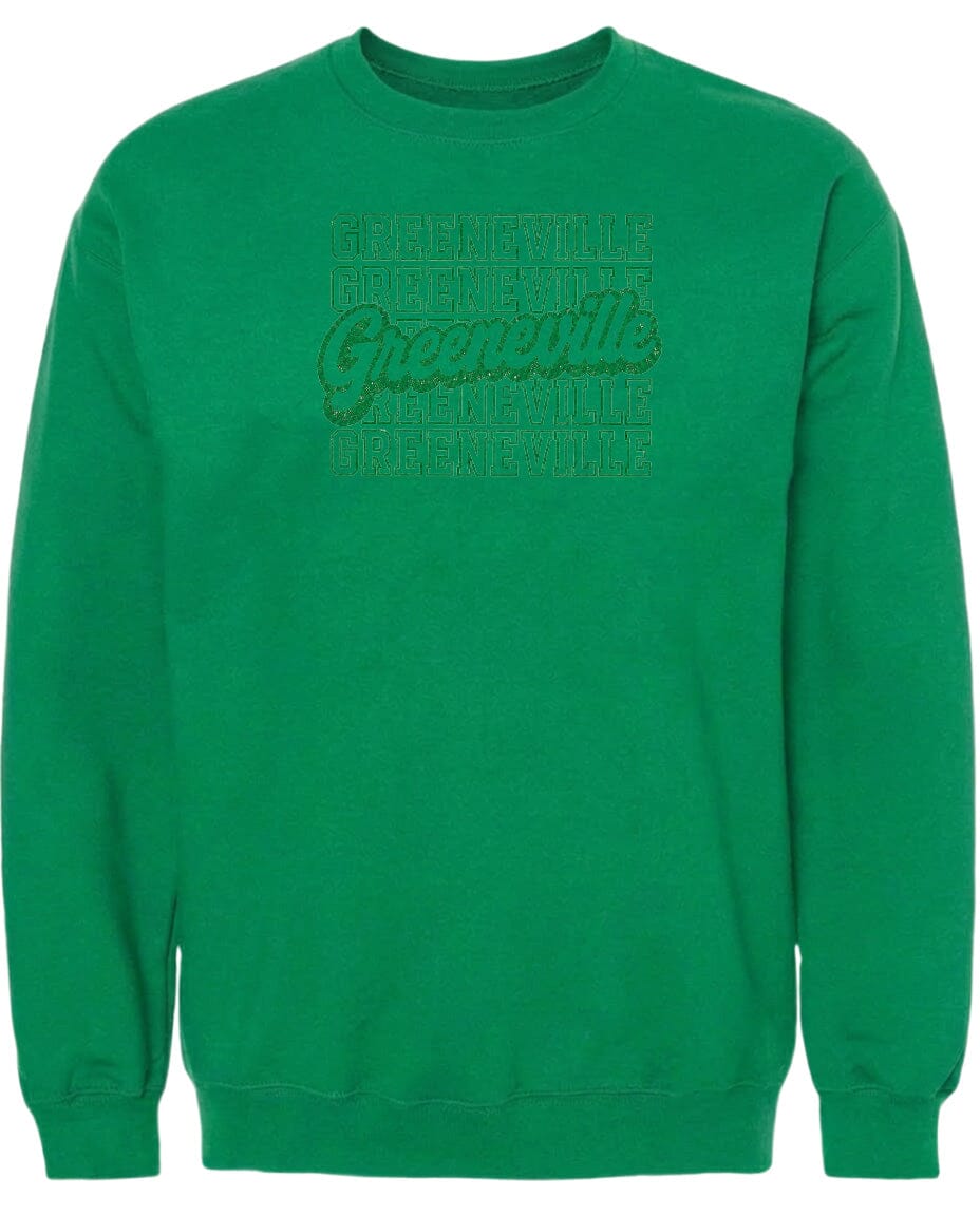 A bright green sweatshirt with the text "Greenville" printed on it in a stylized font.