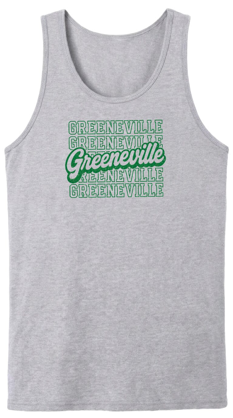 A gray tank top with the text "GREENVILLE" printed in green and white on it.