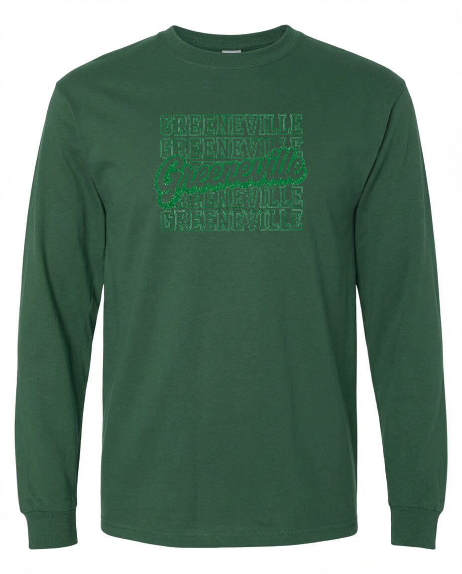 A long-sleeved green t-shirt with the text "Greenville" printed on it in a stylized font.