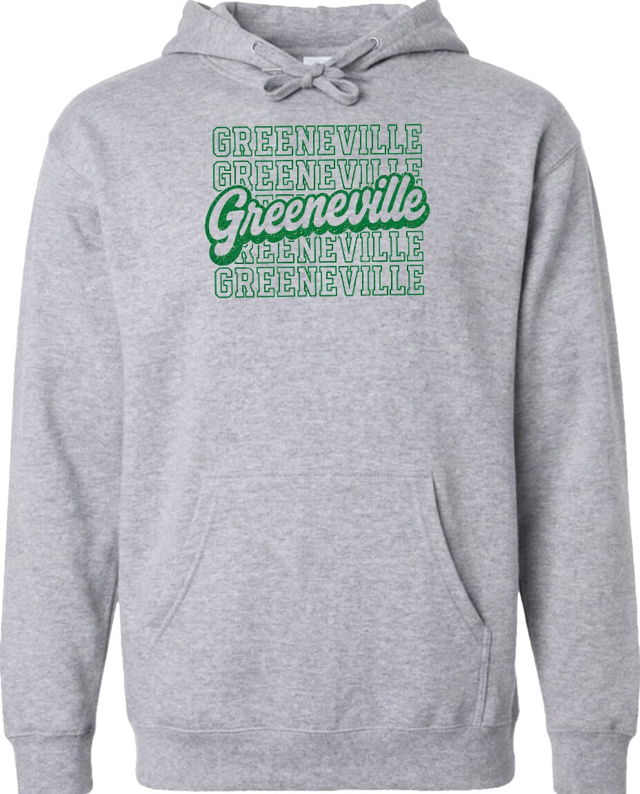 A gray hoodie with a graphic design featuring the text "Greeneville" repeated in a stylized font.