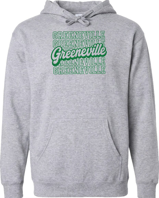 A gray hoodie with a graphic design featuring the text "Greeneville" repeated in a stylized font.