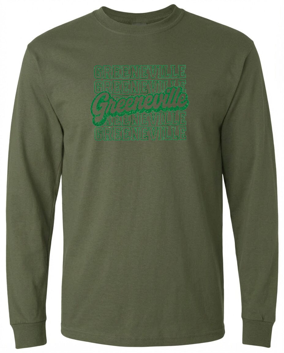 A long-sleeved olive green t-shirt with the text "Greenville" printed in a stylized font across the front.
