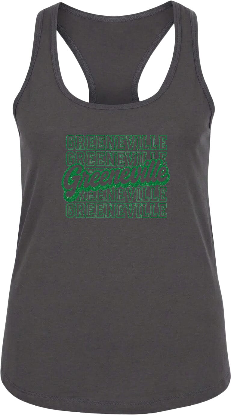 A gray tank top with the text "Greenville" printed in green on it.
