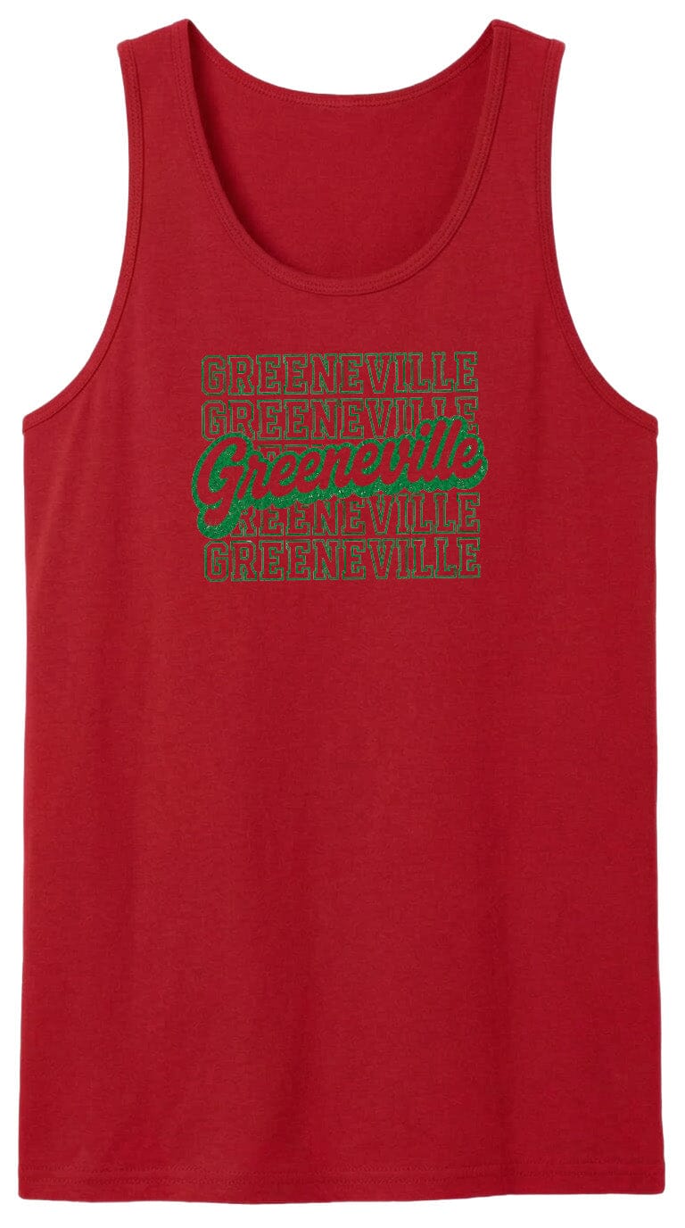 A red tank top with the text "Greenville" printed in green on it.