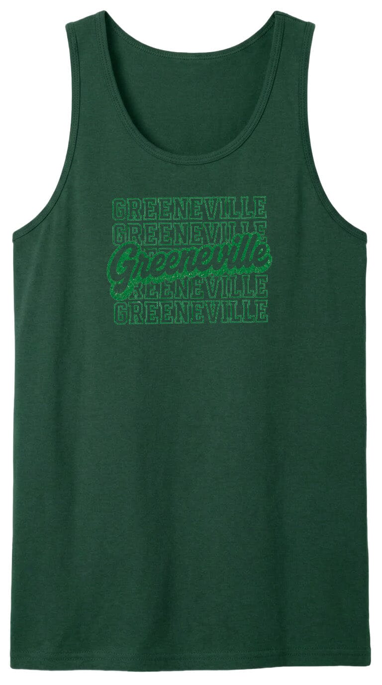 A dark green tank top with the text "Greenville" printed in a stylized font across the front.