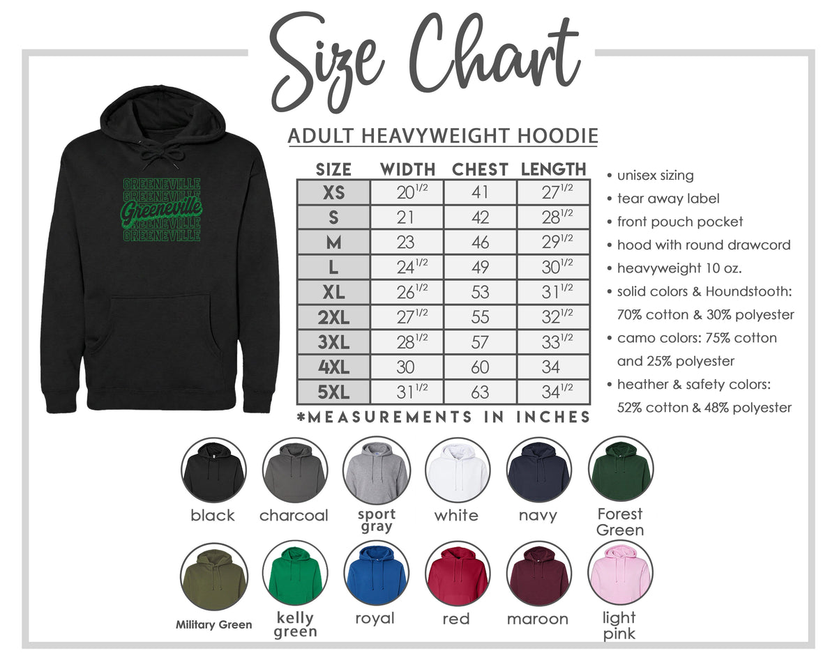 The image is a size chart for an adult heavyweight hoodie, providing measurements for different chest sizes and widths.