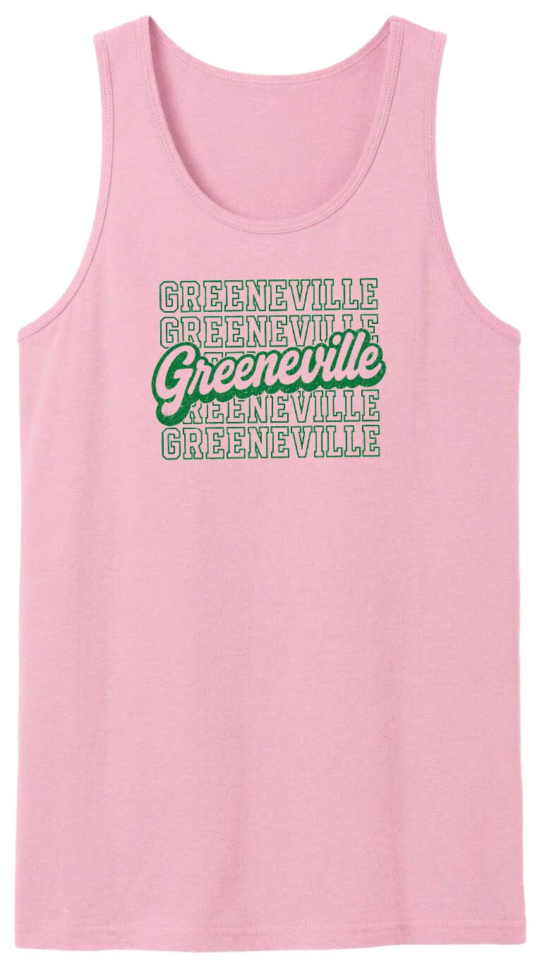 A pink tank top with the text "Greeneville Greeneville Greeneville" printed on it in a stylized font.