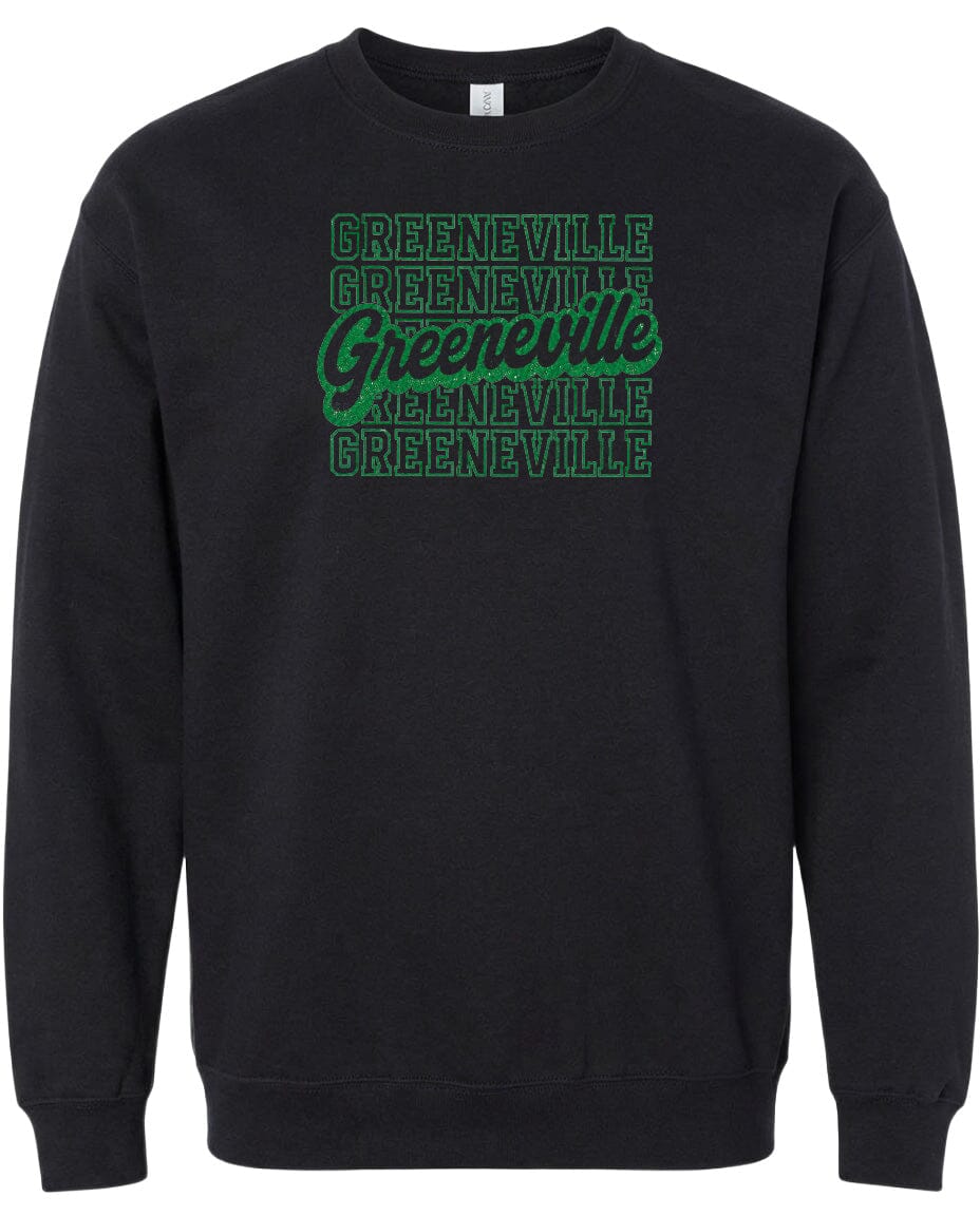 A black sweatshirt with the text "Greenville" printed in green on the front.