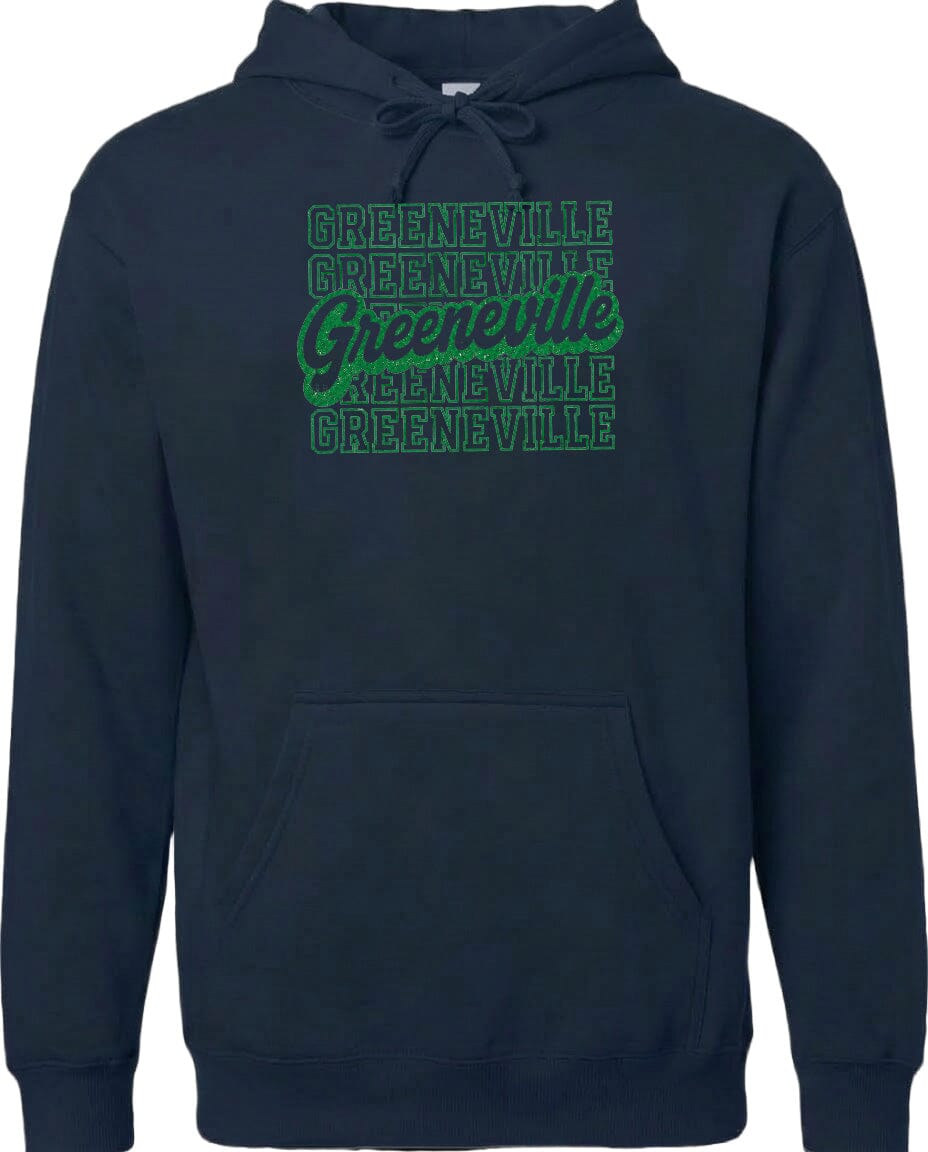 A navy blue hoodie with the text "Greenville" printed in green on the front.