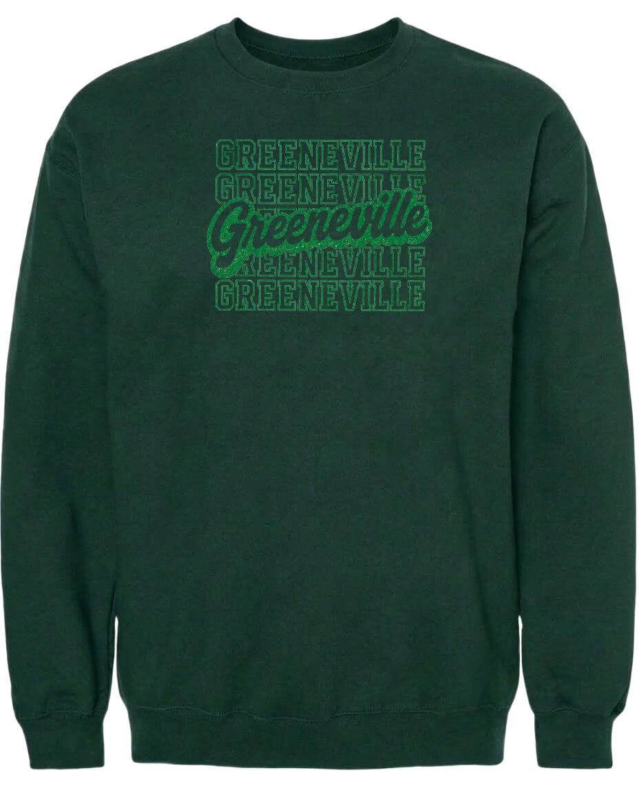 A dark green sweatshirt with the text "Greenville" printed in a stylized font across the front.