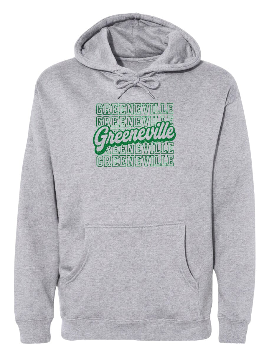 A gray hooded sweatshirt with a graphic design on the front.