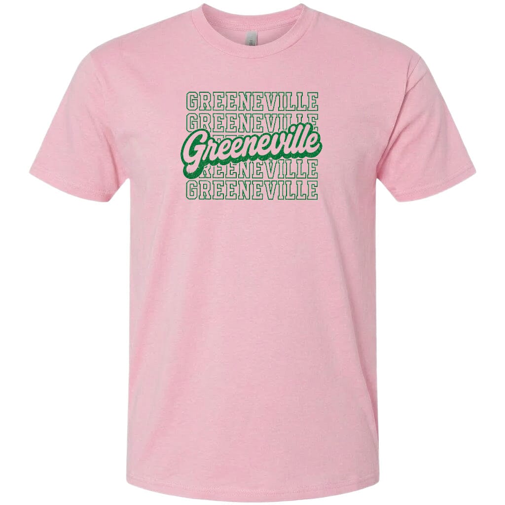 A pink t-shirt with the text "GREENVILLE" printed in green and white on it.