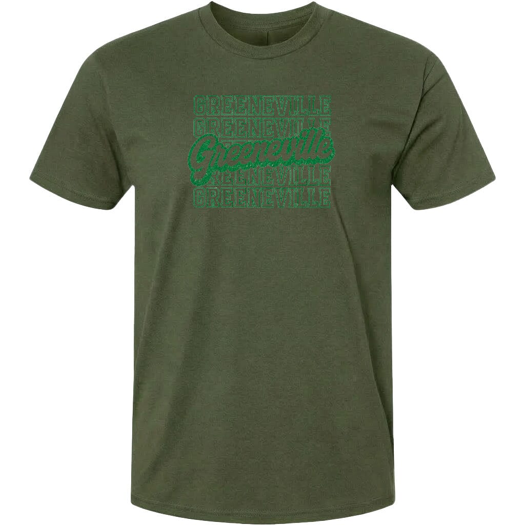 A dark green t-shirt with a graphic design featuring the text "Greenville" repeated in a stylized font.